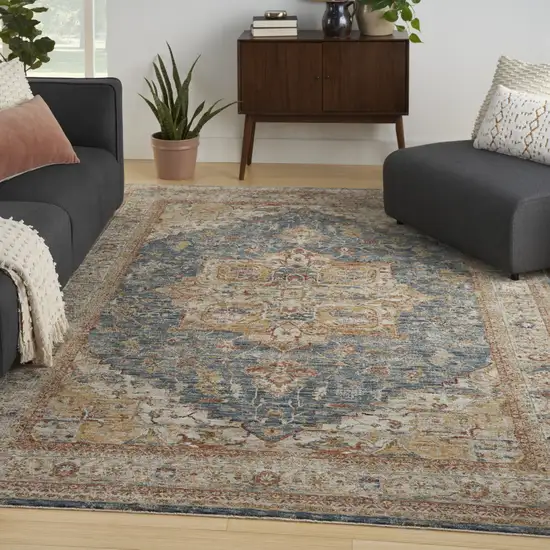 Ivory And Blue Floral Distressed Area Rug Photo 3