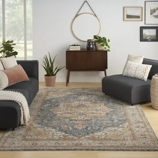 Ivory And Blue Floral Distressed Area Rug Photo 4