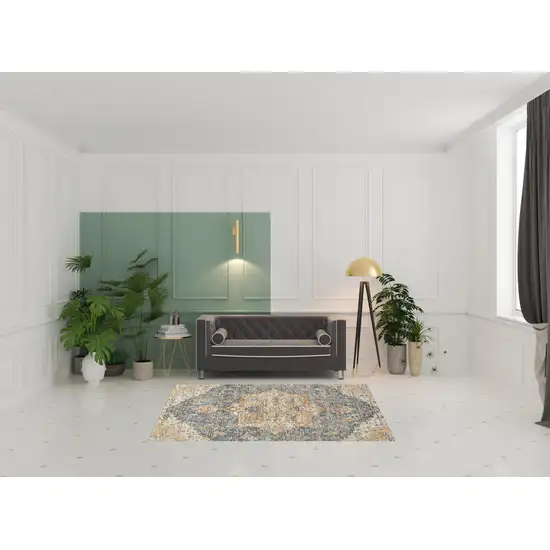 Ivory And Blue Floral Distressed Area Rug Photo 1