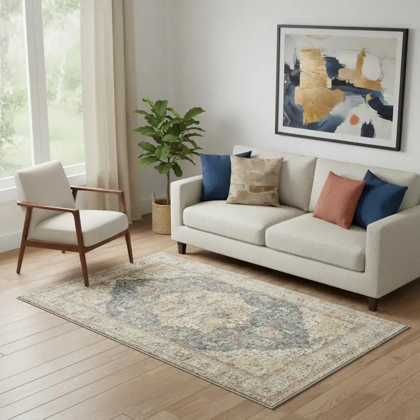 Ivory And Blue Floral Distressed Area Rug Photo 1