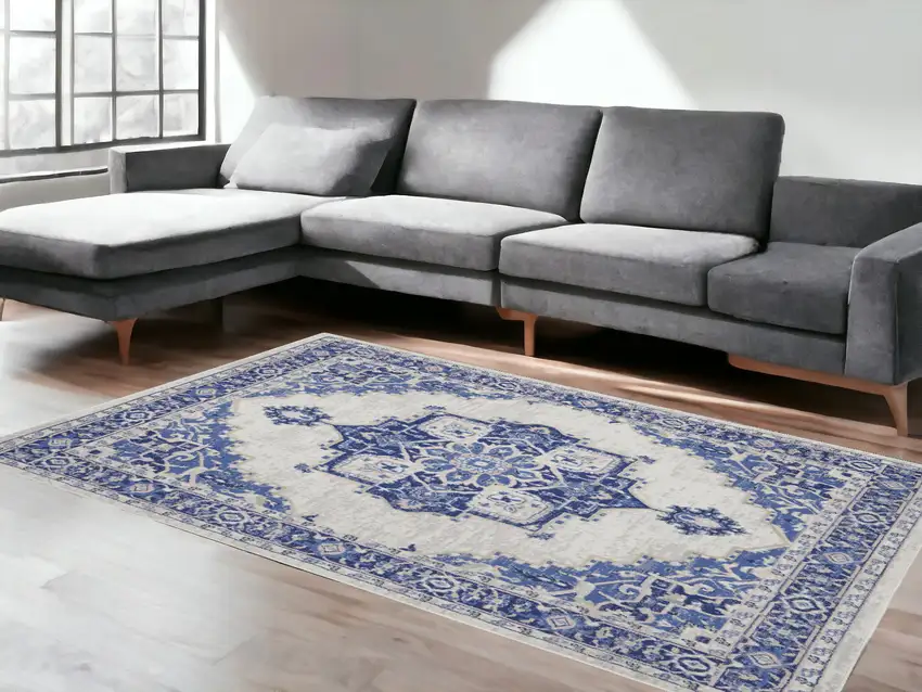 Ivory And Blue Floral Distressed Area Rug Photo 1