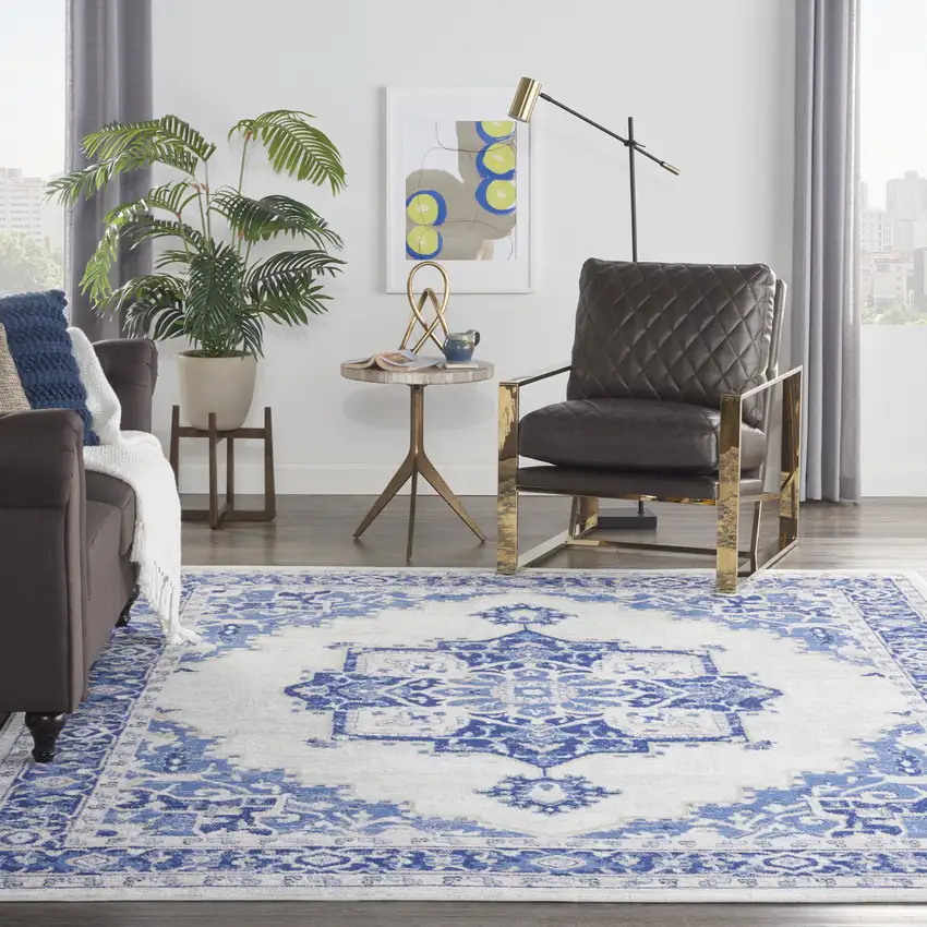 Ivory And Blue Floral Distressed Area Rug Photo 6