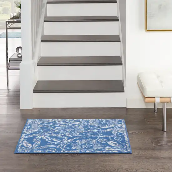 Ivory And Blue Floral Distressed Area Rug Photo 5