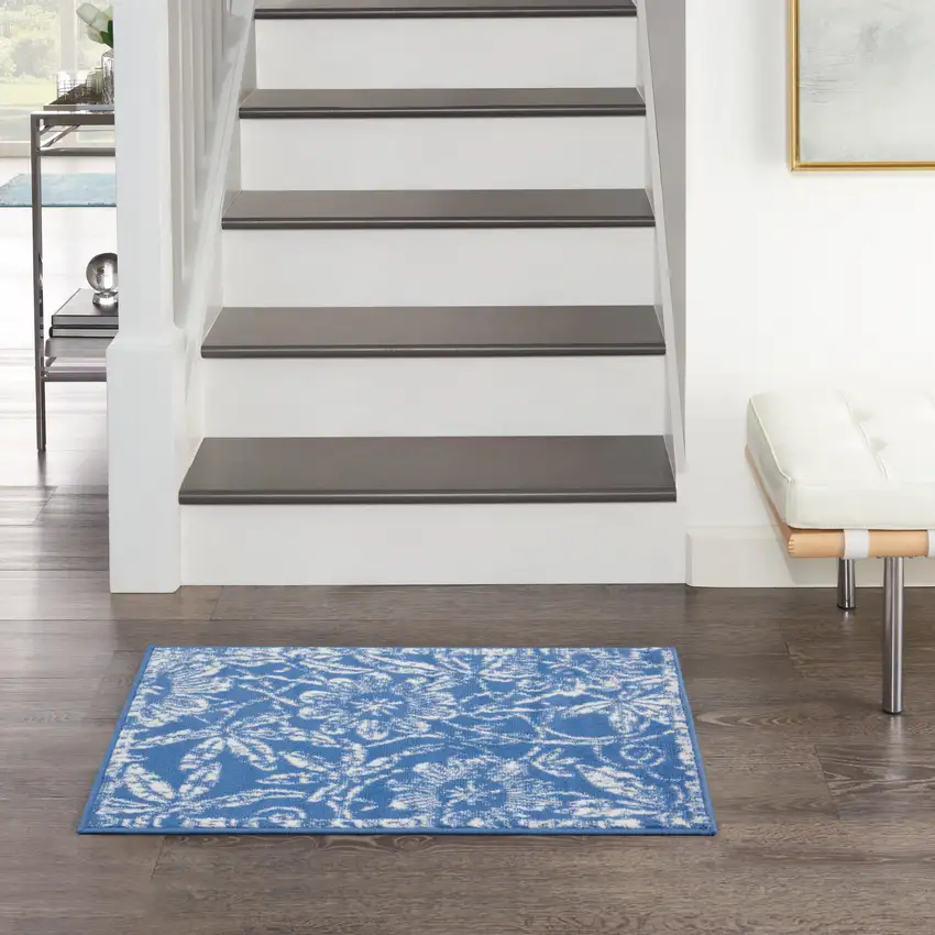 Ivory And Blue Floral Distressed Area Rug Photo 5