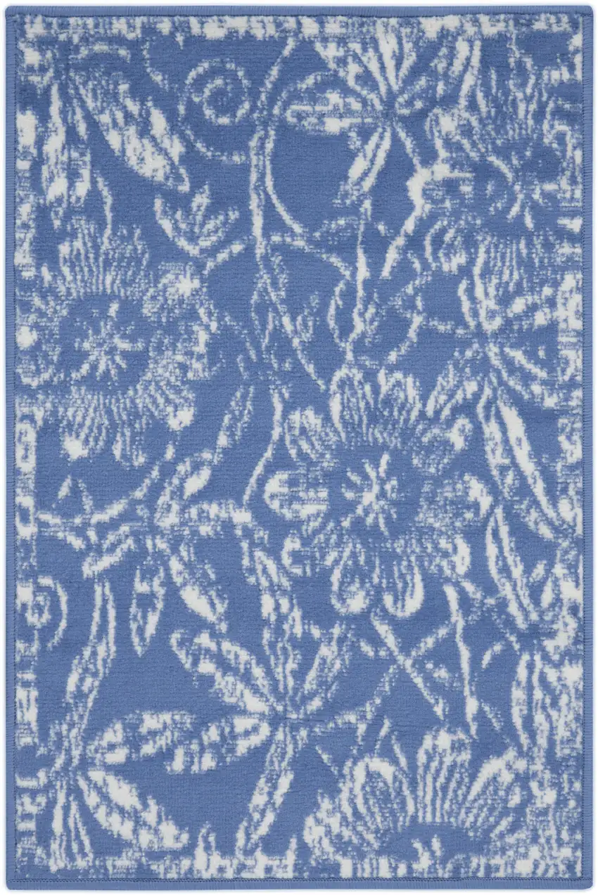 Ivory And Blue Floral Distressed Area Rug Photo 6