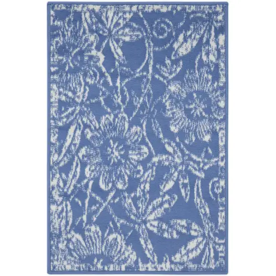 Ivory And Blue Floral Distressed Area Rug Photo 9