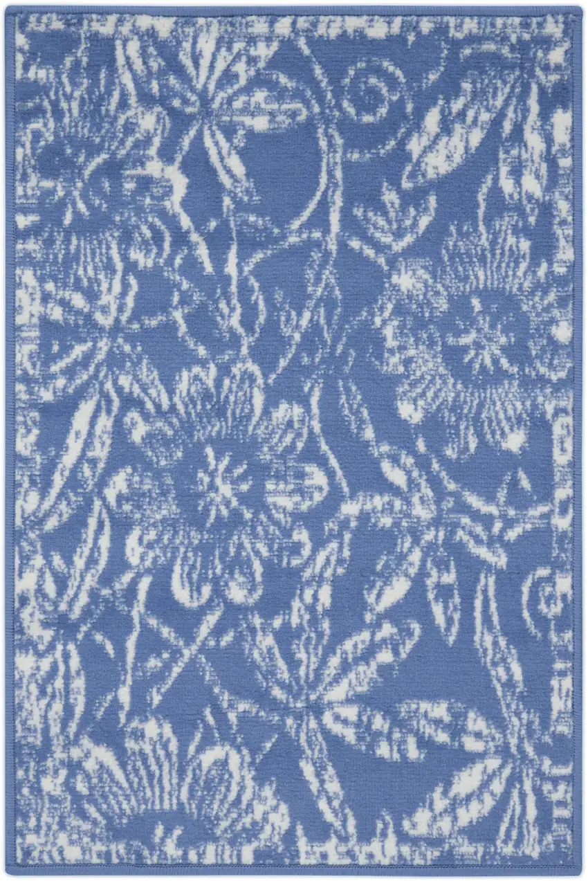 Ivory And Blue Floral Distressed Area Rug Photo 9