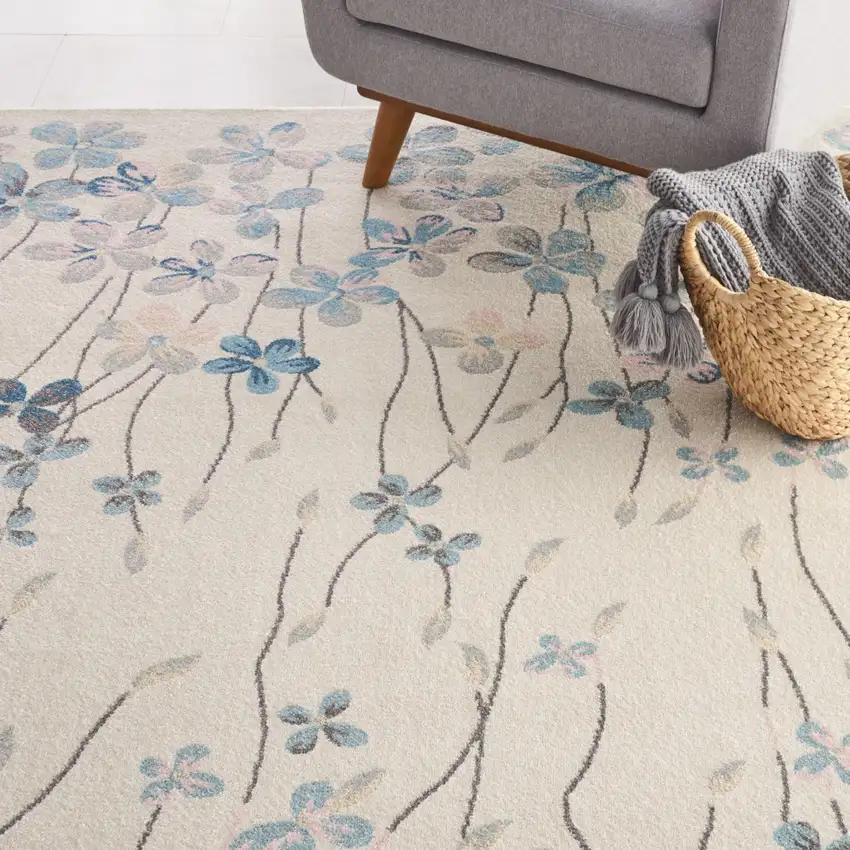 Ivory And Blue Floral Medallion Area Rug Photo 4