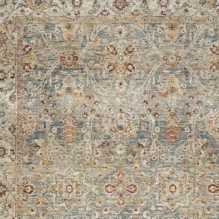 Ivory And Blue Floral Medallion Distressed Area Rug Photo 7