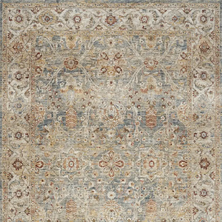 Ivory And Blue Floral Medallion Distressed Area Rug Photo 8