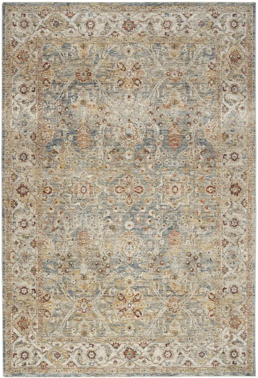 Ivory And Blue Floral Medallion Distressed Area Rug Photo 4