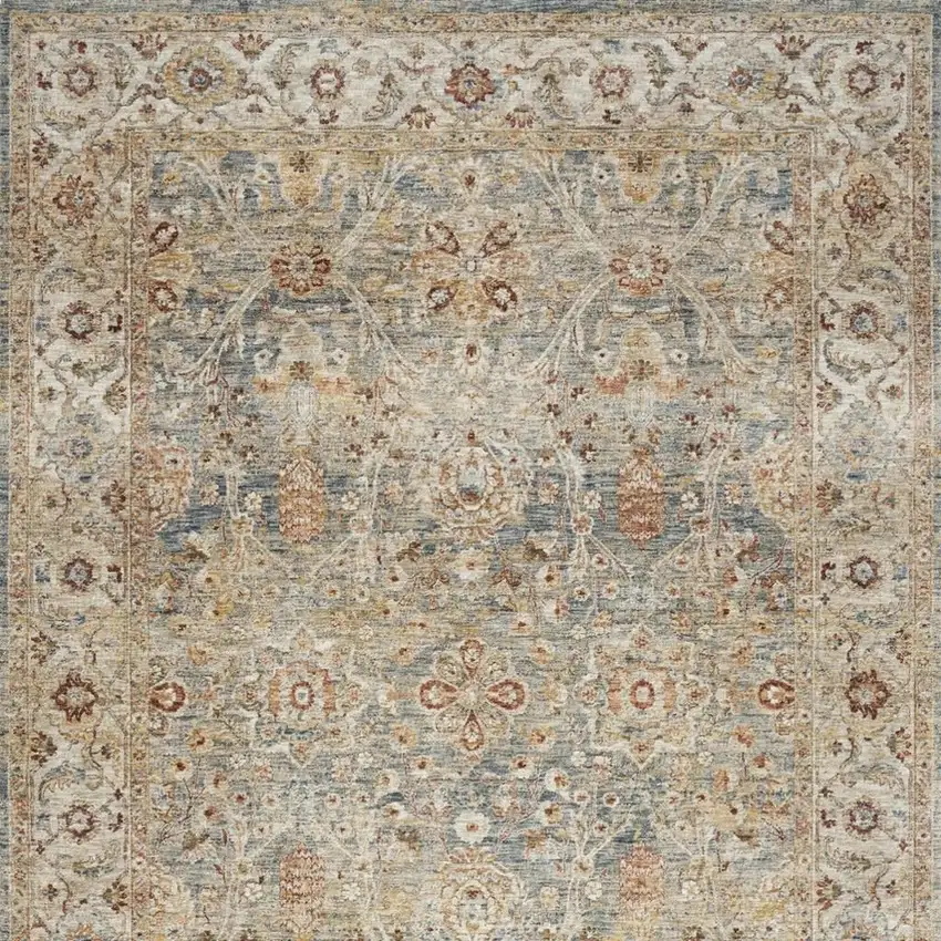 Ivory And Blue Floral Medallion Distressed Area Rug Photo 3