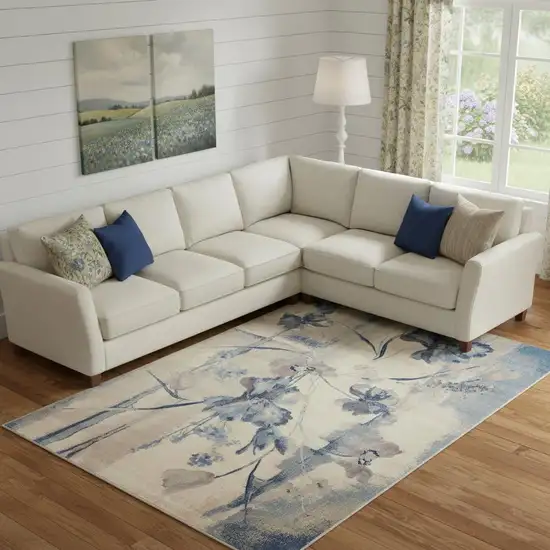 Ivory And Blue Floral Non Skid Area Rug Photo 1