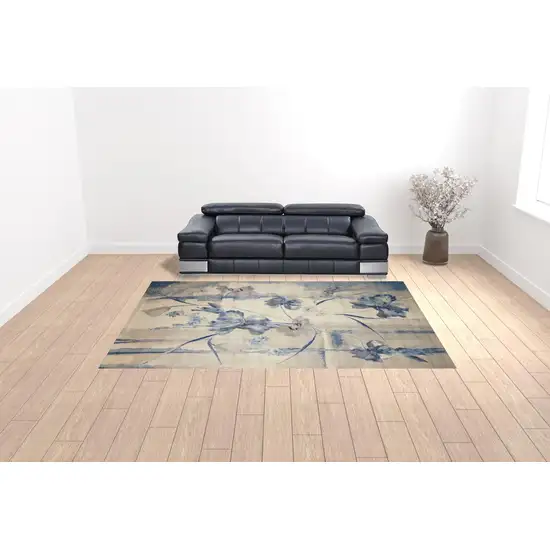 Ivory And Blue Floral Non Skid Area Rug Photo 1