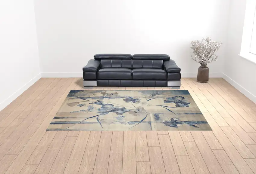 Ivory And Blue Floral Non Skid Area Rug Photo 1
