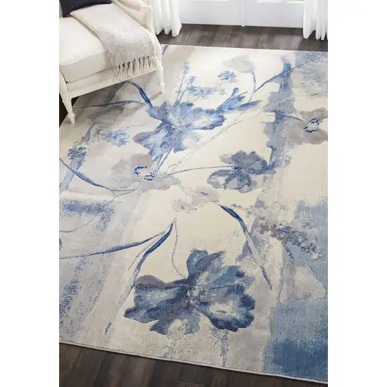 Ivory And Blue Floral Non Skid Area Rug Photo 4