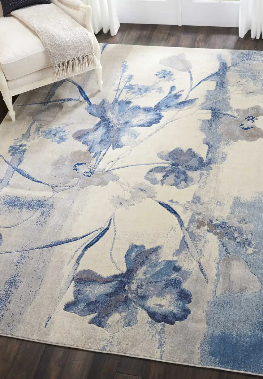 Ivory And Blue Floral Non Skid Area Rug Photo 4