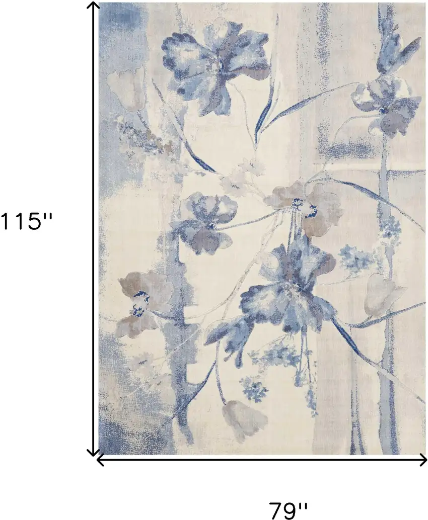 Ivory And Blue Floral Non Skid Area Rug Photo 3