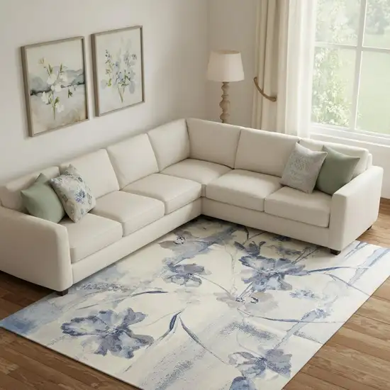 Ivory And Blue Floral Non Skid Area Rug Photo 1