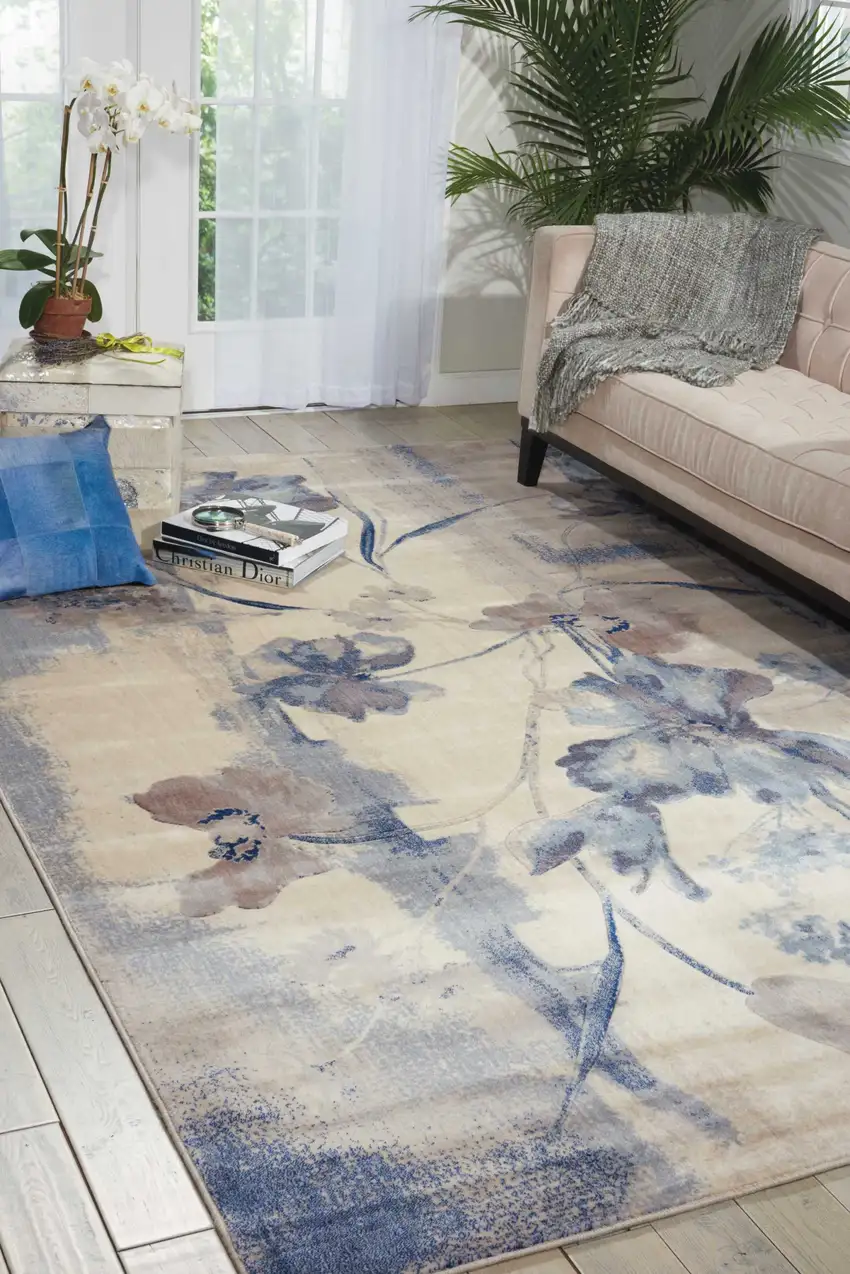 Ivory And Blue Floral Non Skid Area Rug Photo 4