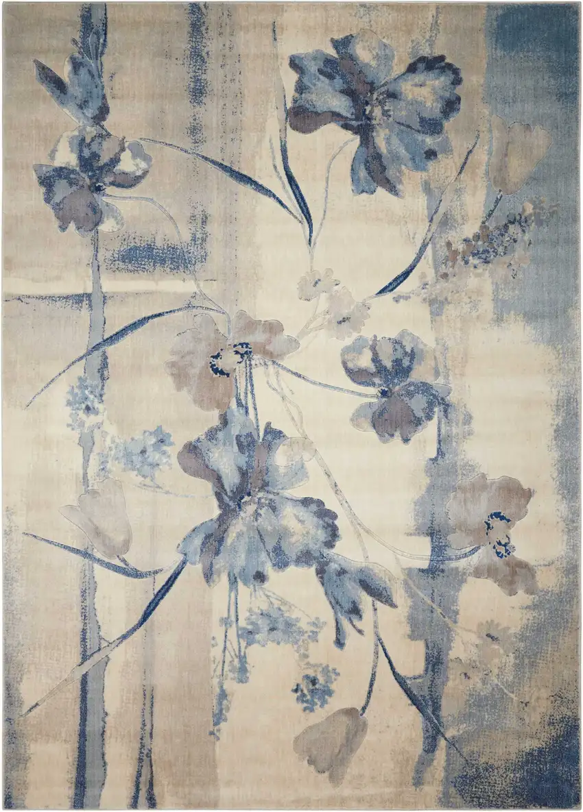 Ivory And Blue Floral Non Skid Area Rug Photo 2