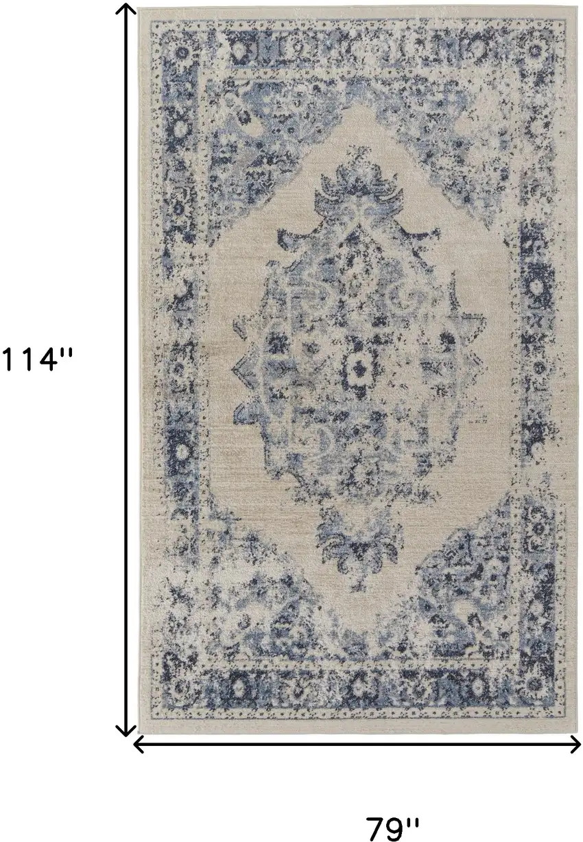Ivory And Blue Floral Power Loom Distressed Area Rug Photo 10