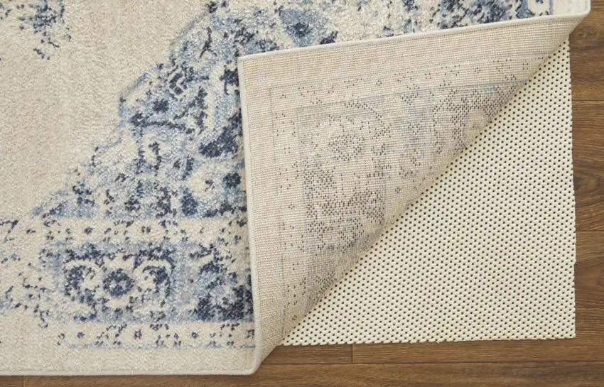 Ivory And Blue Floral Power Loom Distressed Area Rug Photo 6