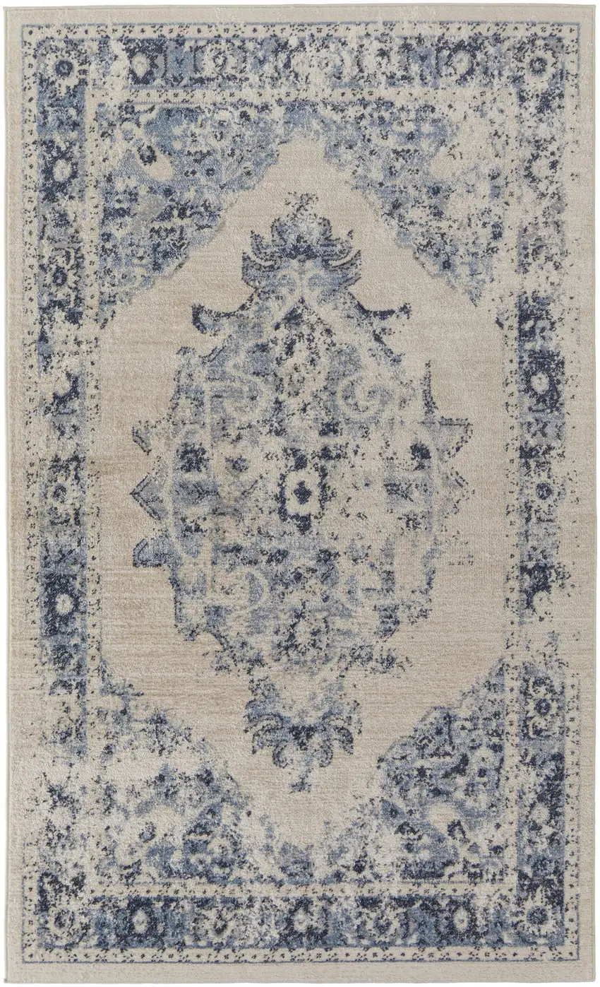 Ivory And Blue Floral Power Loom Distressed Area Rug Photo 1