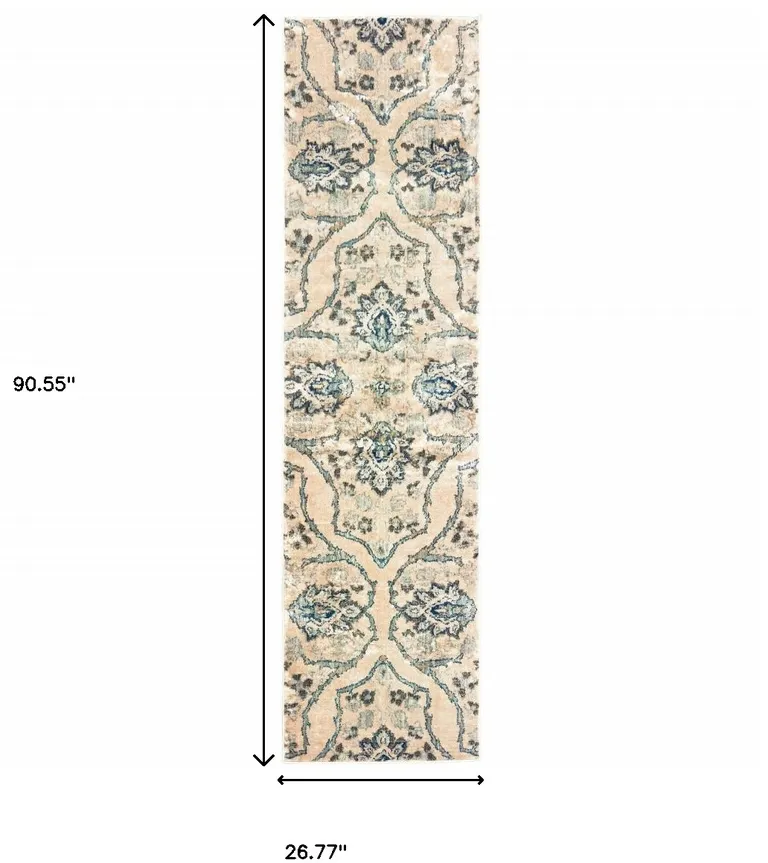 Ivory And Blue Floral Power Loom Stain Resistant Runner Rug Photo 5