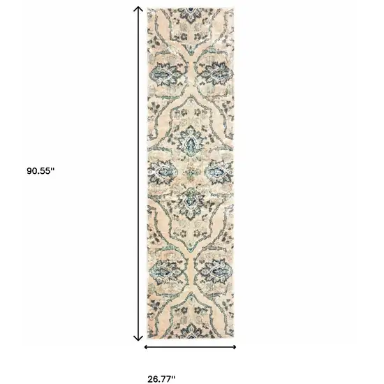Ivory And Blue Floral Power Loom Stain Resistant Runner Rug Photo 5