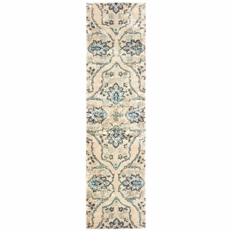 Ivory And Blue Floral Power Loom Stain Resistant Runner Rug Photo 1