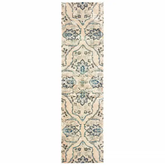 Ivory And Blue Floral Power Loom Stain Resistant Runner Rug Photo 1