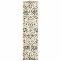 Photo of Ivory And Blue Floral Power Loom Stain Resistant Runner Rug
