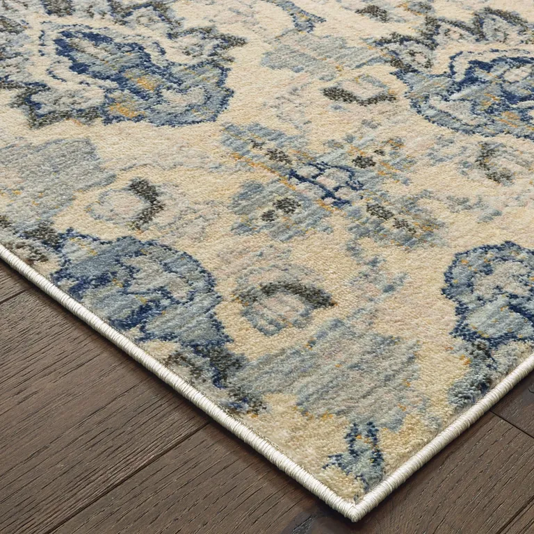 Ivory And Blue Floral Power Loom Stain Resistant Runner Rug Photo 3