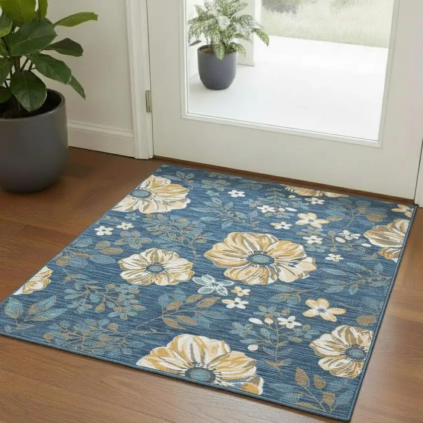 Ivory And Blue Floral Square Rug Photo 1