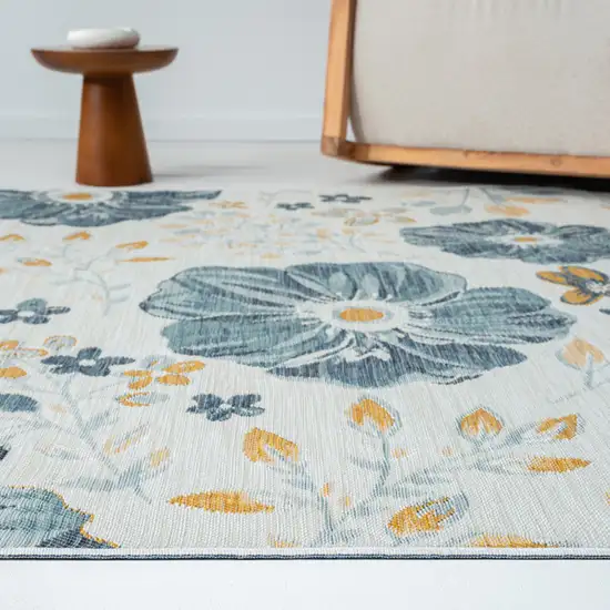 Ivory And Blue Floral Square Rug Photo 7