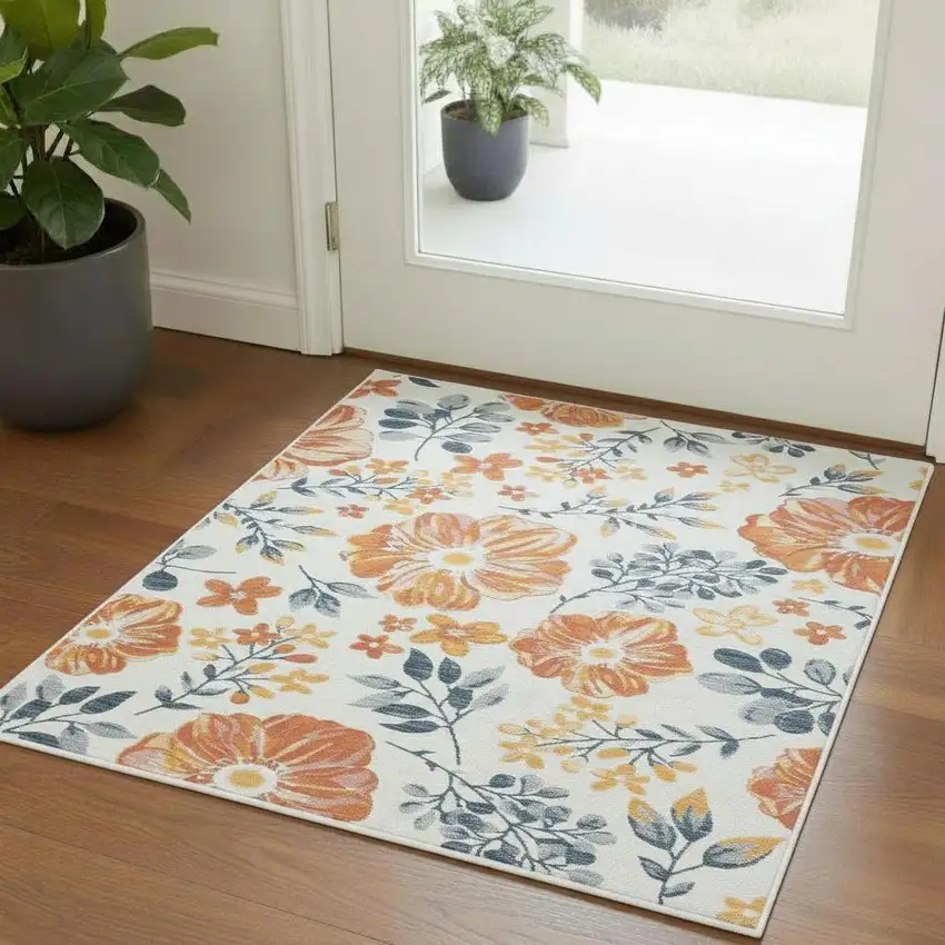 Ivory And Blue Floral Square Rug Photo 1