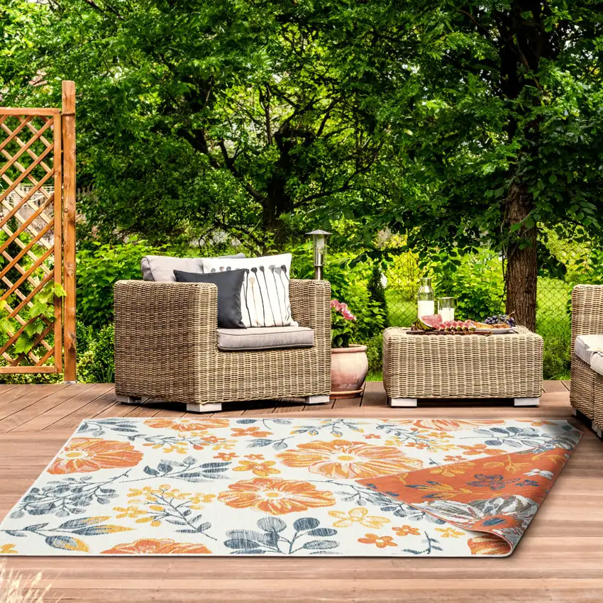 Ivory And Blue Floral Square Rug Photo 8