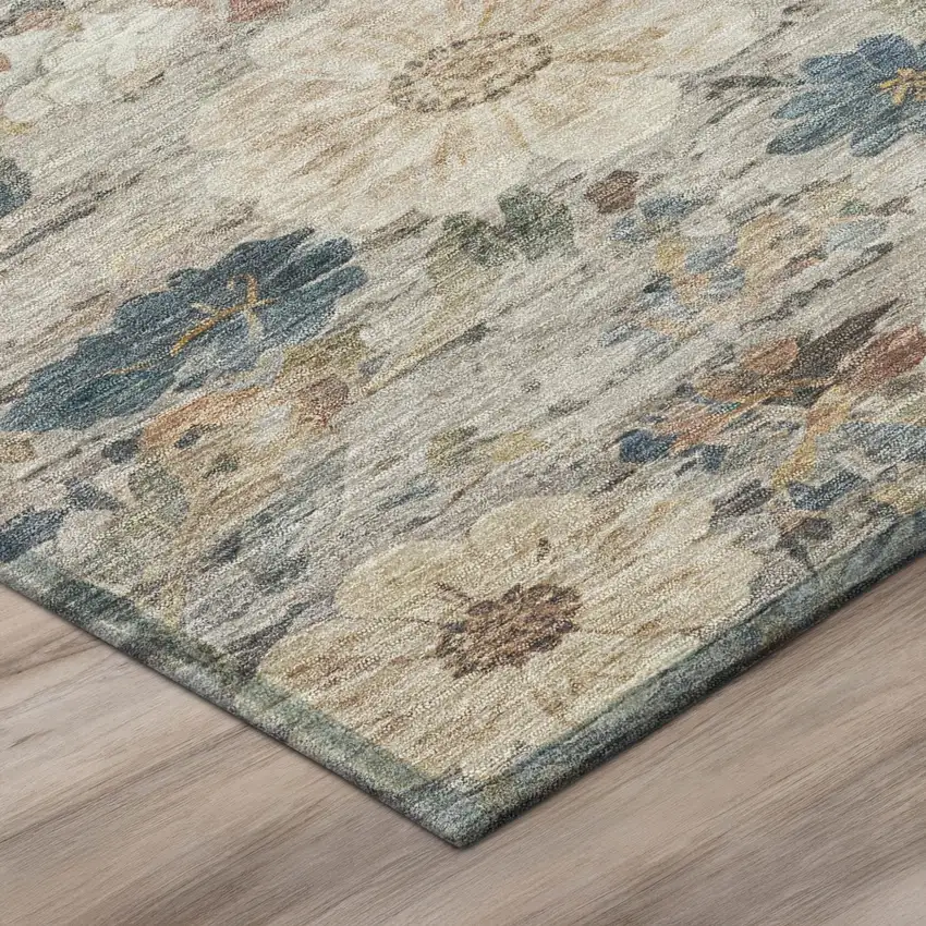Ivory And Blue Floral Washable Indoor Outdoor Area Rug Photo 4