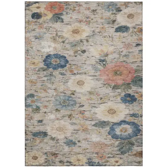Ivory And Blue Floral Washable Indoor Outdoor Area Rug Photo 2