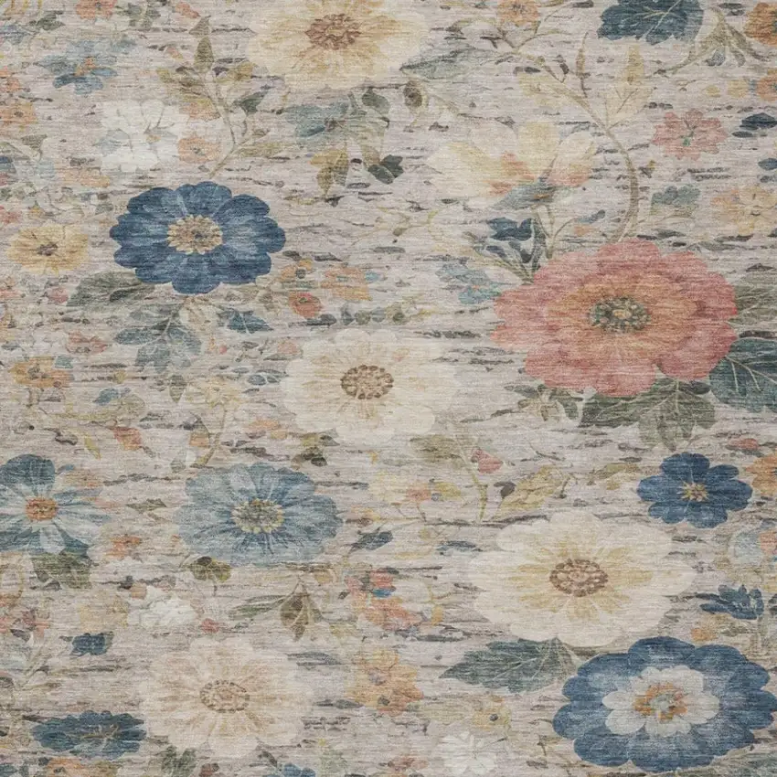Ivory And Blue Floral Washable Indoor Outdoor Area Rug Photo 1