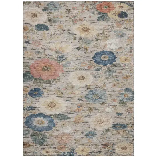 Ivory And Blue Floral Washable Indoor Outdoor Area Rug Photo 3