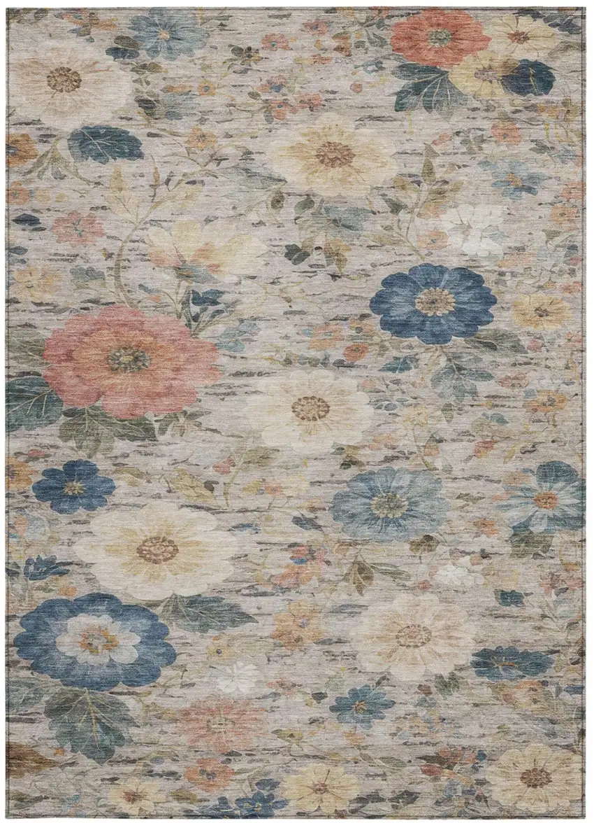 Ivory And Blue Floral Washable Indoor Outdoor Area Rug Photo 3