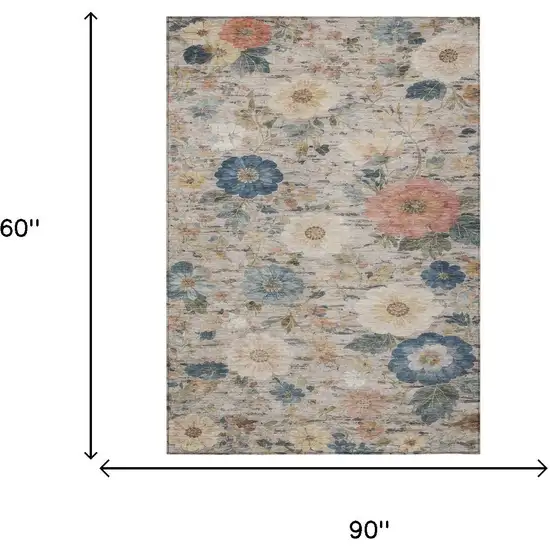 Ivory And Blue Floral Washable Indoor Outdoor Area Rug Photo 6