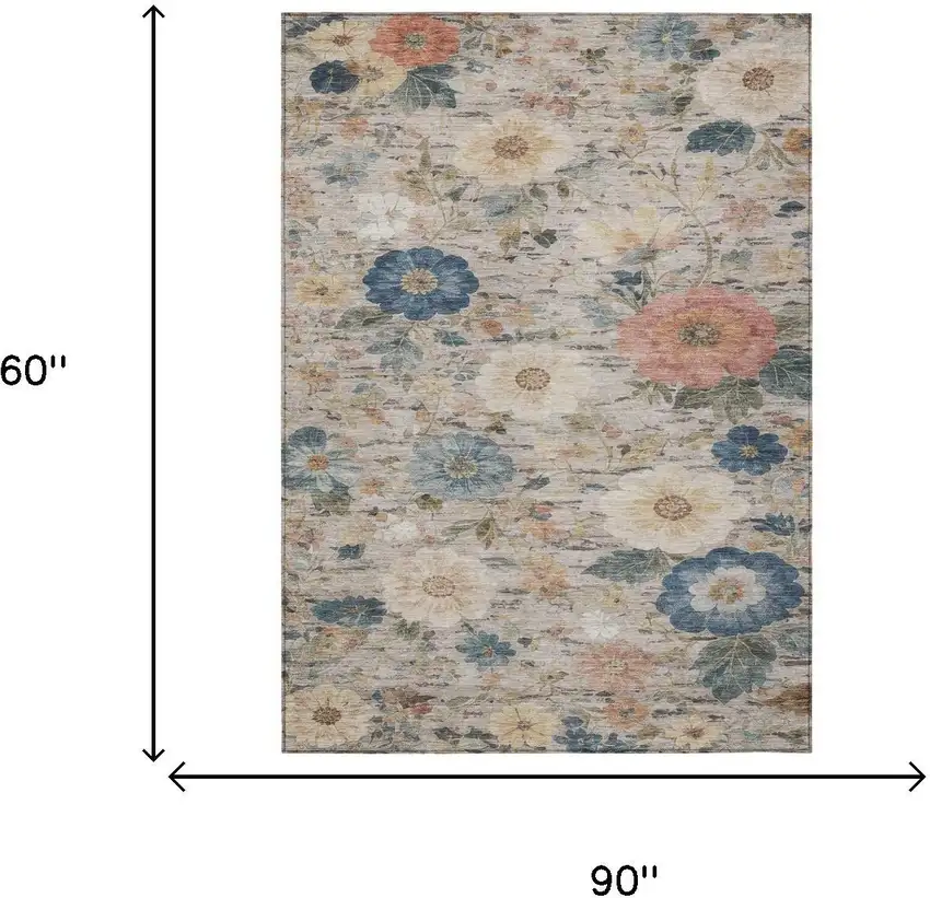 Ivory And Blue Floral Washable Indoor Outdoor Area Rug Photo 6