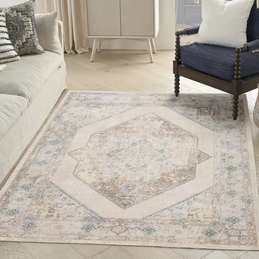 Ivory And Blue Geometric Area Rug Photo 5