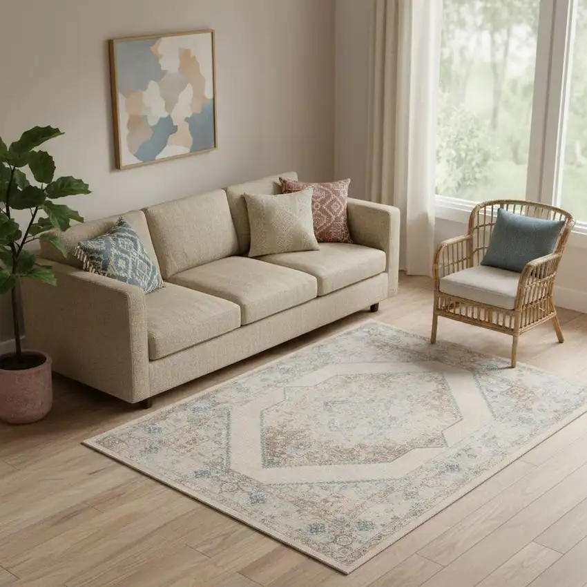 Ivory And Blue Geometric Area Rug Photo 1