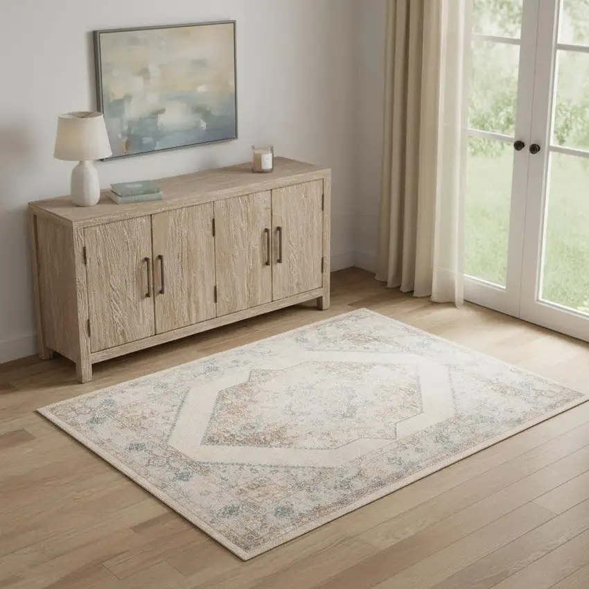 Ivory And Blue Geometric Area Rug Photo 1