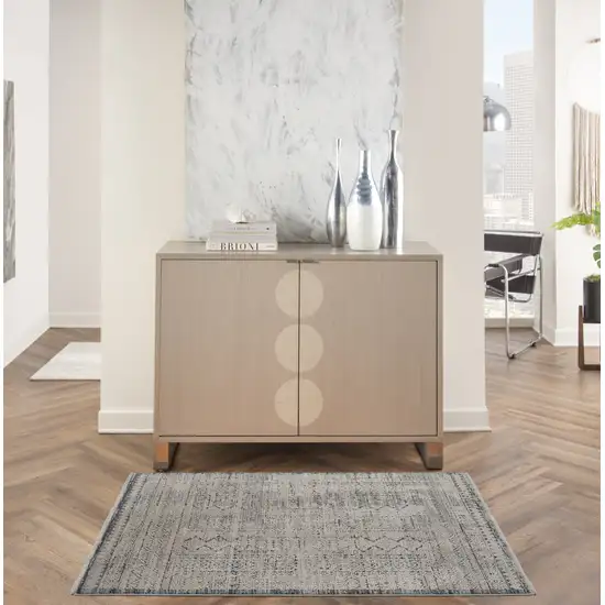 Ivory And Blue Geometric Distressed Area Rug With Fringe Photo 3