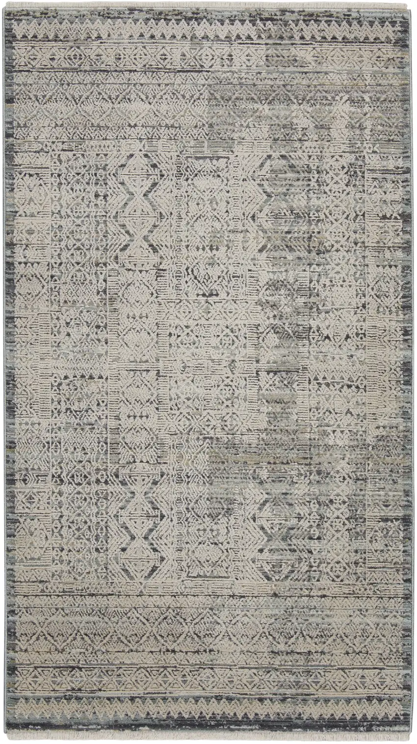 Ivory And Blue Geometric Distressed Area Rug With Fringe Photo 8